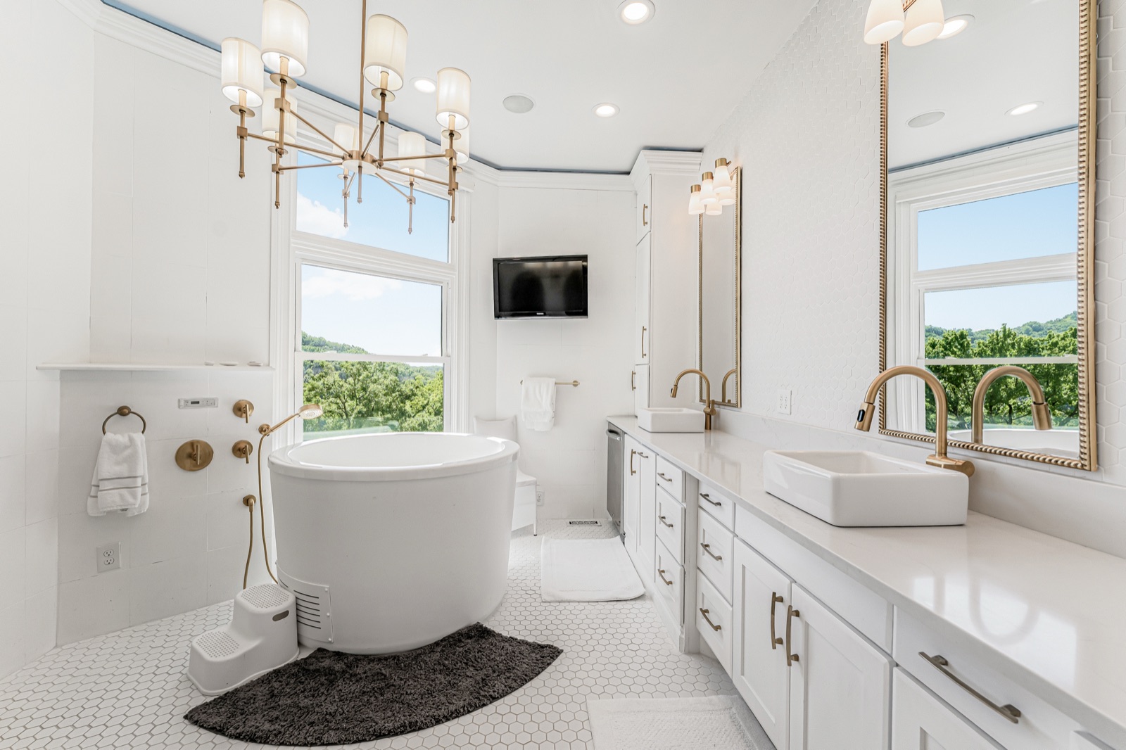 The air-jetted tub, positioned to the view