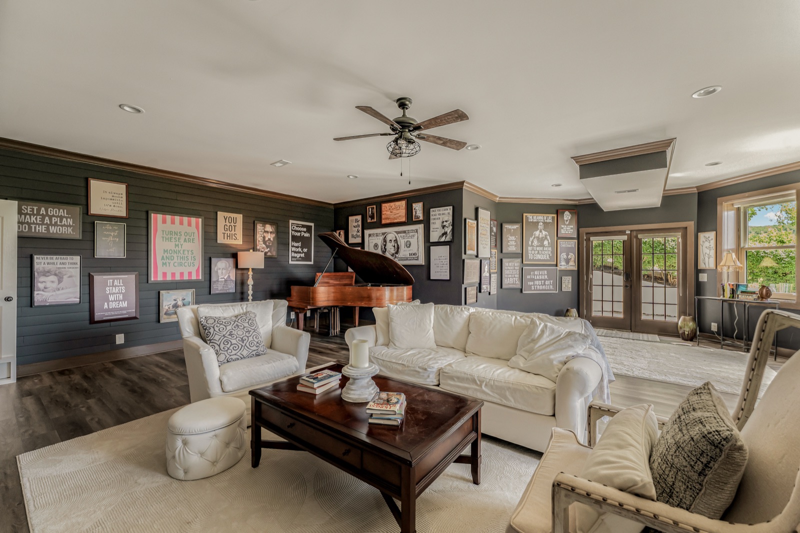 The music room: statements on shiplap, the grand at the wall