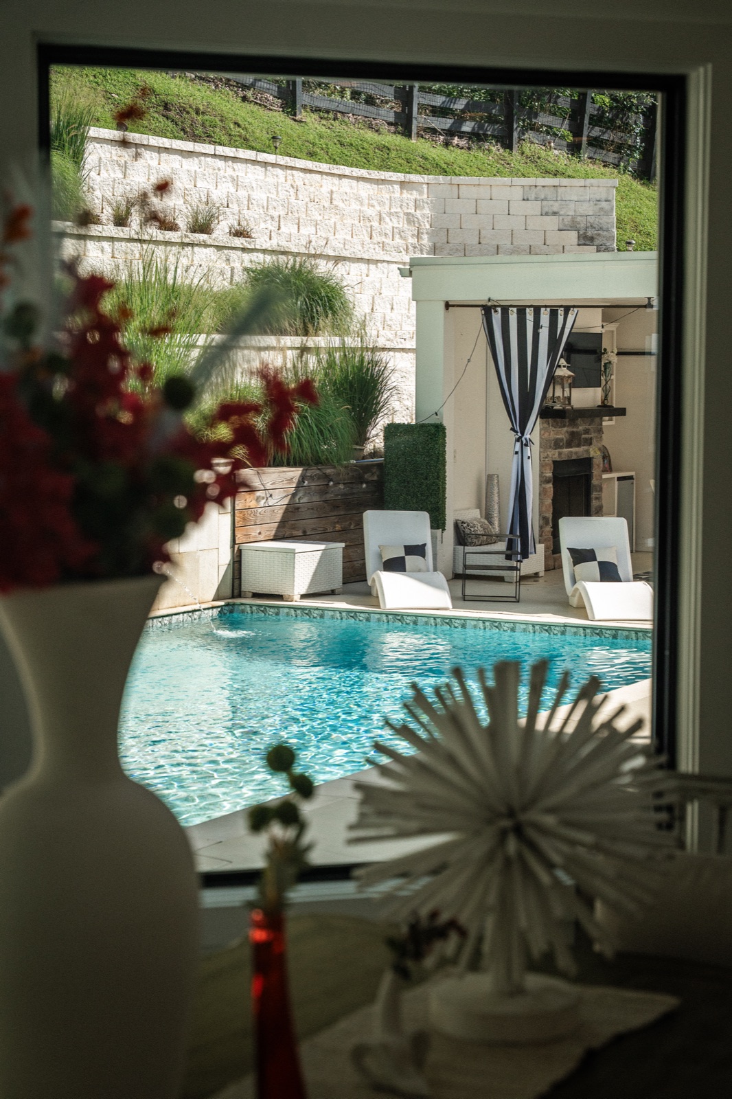 The cabana, seen from inside the glass